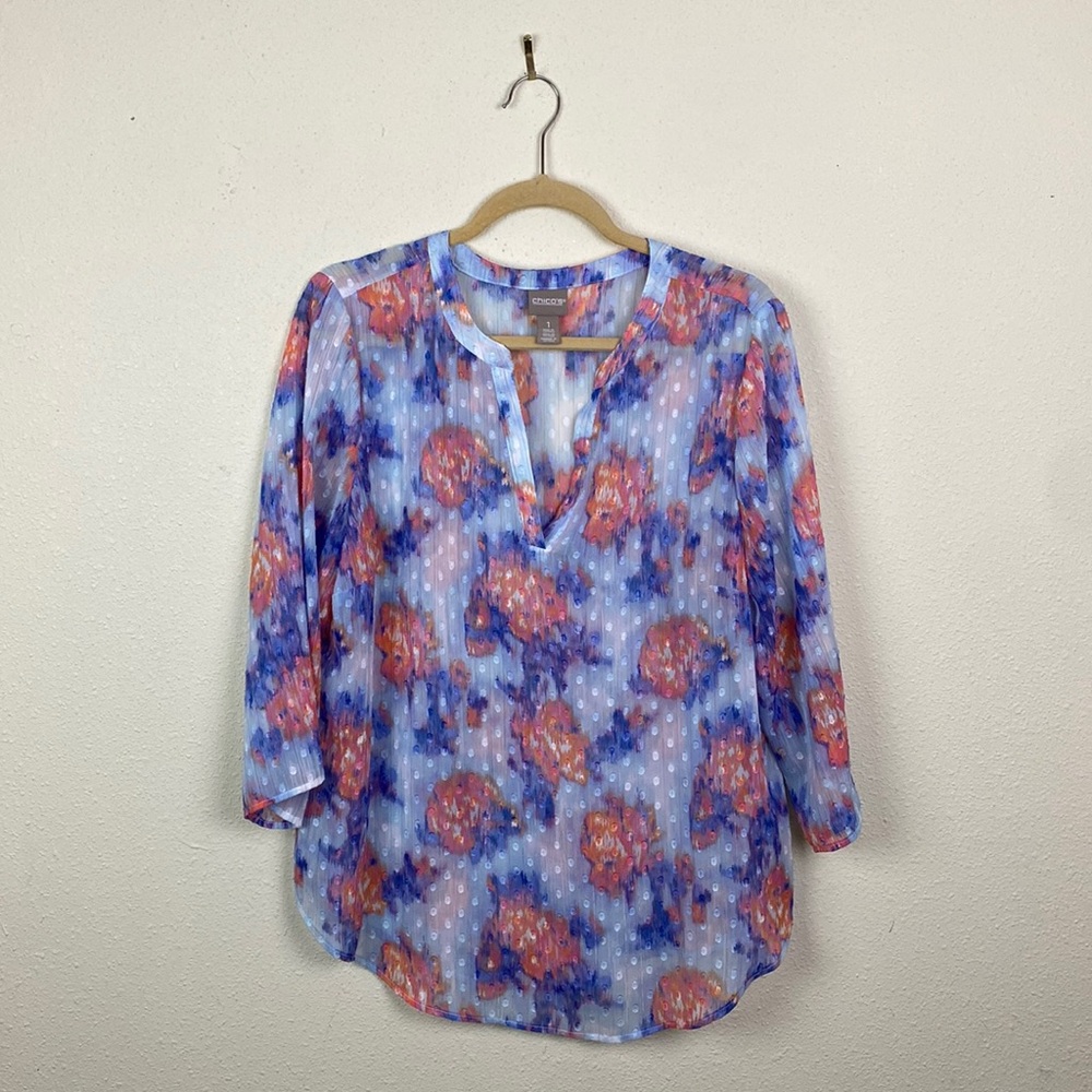 Chico's | Diffused Floral Lurex Stripe Hydrangea Sheer Top 1 (M/8)